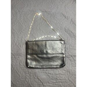 VINTAGE Black Flap Clutch Evening Purse w/Metal Razor Chain Strap Real Leather